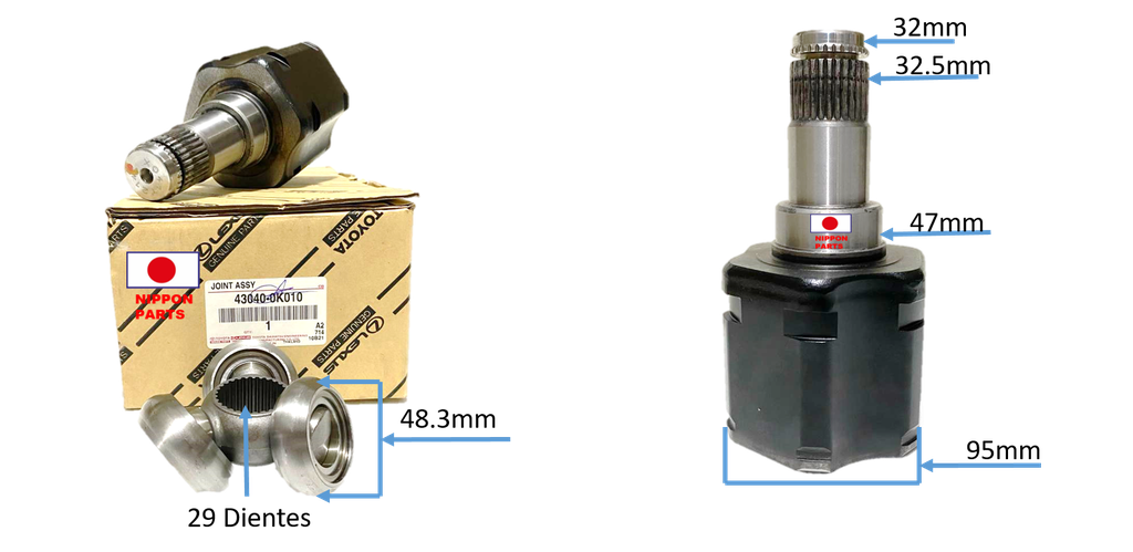 TRICETA RH/LH TOYOTA HILUX 2TR/1KD/2KD TOYOTA GENUINO TAILA 43040-0K010 /Diám. rodillo trípode 48.3 Núm. de dientes 29 / Diám 95mm x Diám de junta tórica 47mm x 32 x 32.5